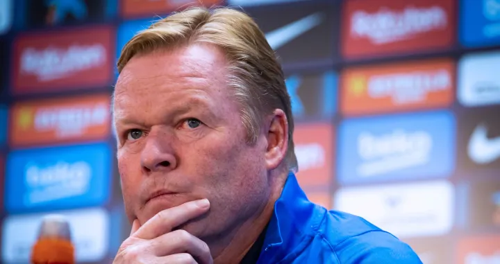 epa09541030 FC Barcelona Dutch head coach Ronald Koeman gives a press conference after the team's training session at Sant Joan D'Espi sports city in Barcelona, Catalonia, north-eastern Spain, 23 October 2021. FC Barcelona will face Real Madrid in a Spanish LaLiga soccer match on 24 October. EPA/Enric Fontcuberta