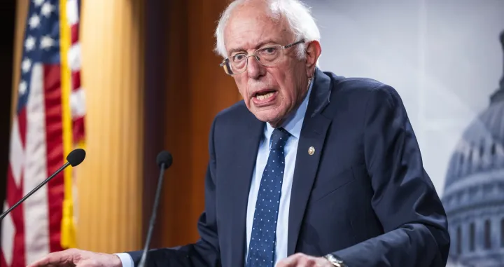 epa09509825 Independent Senator from Vermont Bernie Sanders speaks to the media ahead of a procedural vote to raise the debt limit in the US Capitol in Washington, DC, USA, 06 October 2021. The vote will likely fail as Senate Republicans are expected to filibuster. EPA/JIM LO SCALZO/Jim Lo Scalzo