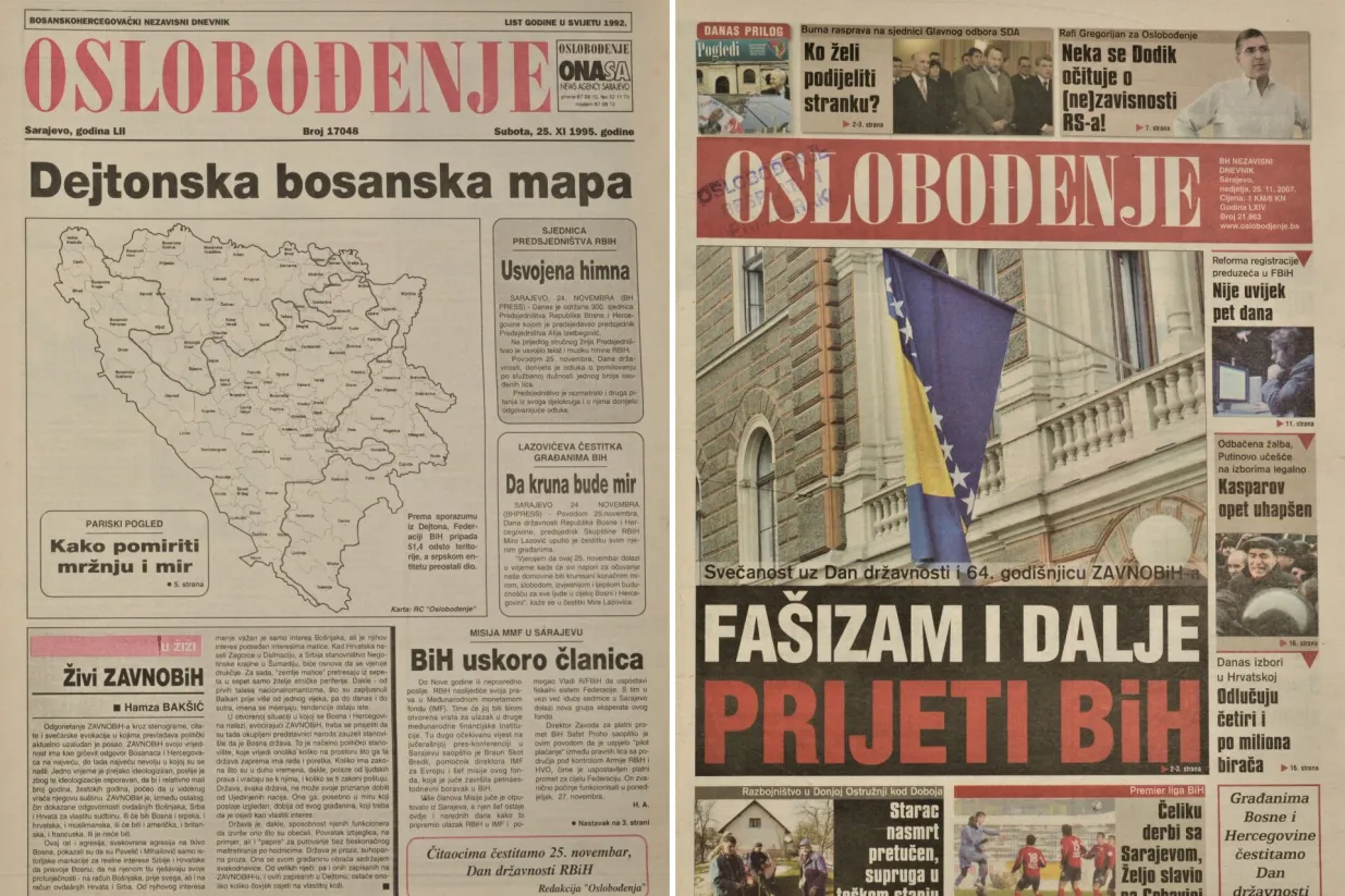 Naslovnica Oslobođenja o 25. novembru, Danu državnosti BiH (1995. i 2007.)/Arhiva Oslobođenja