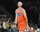 Nov 1, 2024; Portland, Oregon, USA; Oklahoma City Thunder guard Alex Caruso (9) looks down court during the second quarter at Moda Center. Mandatory Credit: Brian Murphy-Imagn Images