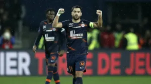 epa10386733 Teji Savanier of Montpellier HSC celebrates the 1-2 goal during the soccer Ligue 1 match between Montpellier HSC and Olympique Marseille, in Montpellier, France, 02 January 2023. EPA/Guillaume Horcajuelo