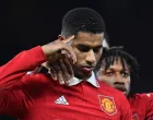 epa10393228 Manchester United's Marcus Rashford (L) reacts after scoring for 3-1 against Everton during the FA Cup third round match between Manchester United and Everton in Manchester, Britain, 06 January 2023. EPA/Peter Powell EDITORIAL USE ONLY. No use with unauthorized audio, video, data, fixture lists, club/league logos or 'live' services. Online in-match use limited to 120 images, no video emulation. No use in betting, games or single club/league/player publications