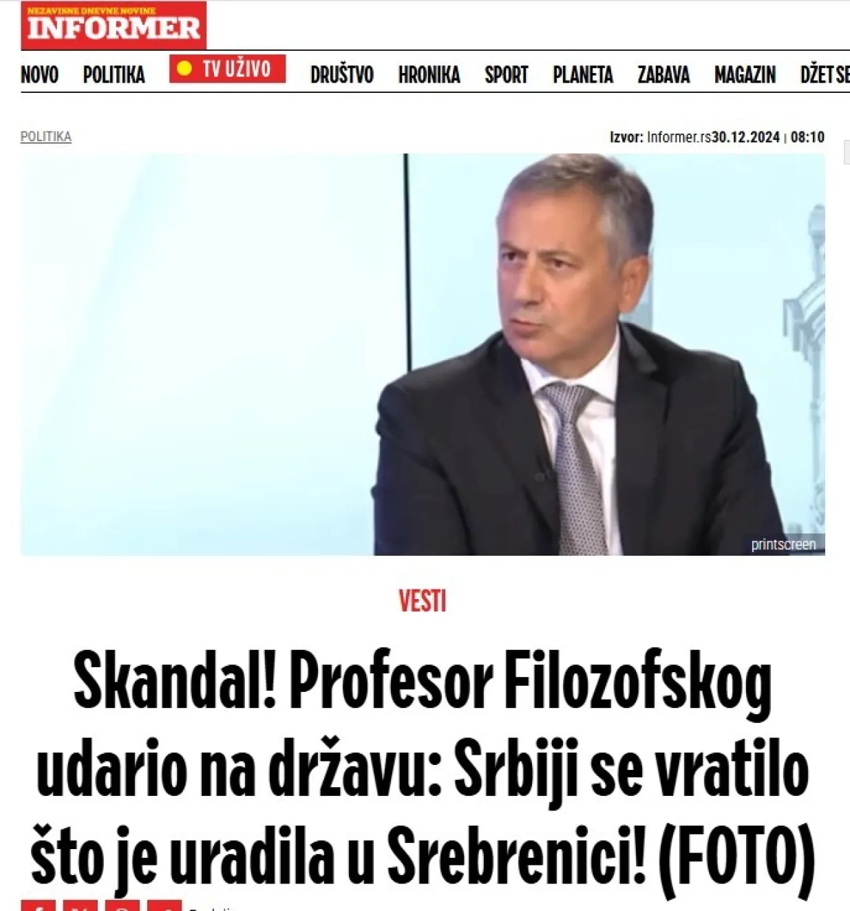 Informer o intervjuu Nikole Samardžića za Oslobođenje/Prtsc