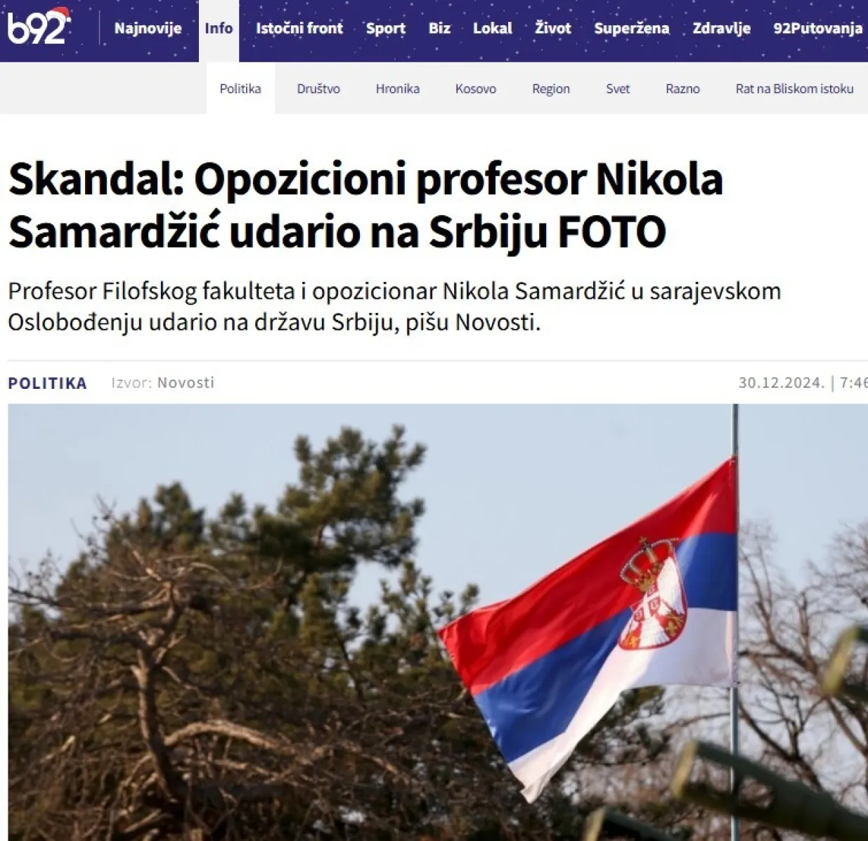 b92 o intervjuu Nikole Samardžića za Oslobođenje/Prtsc