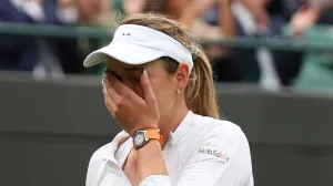 Croatia's Donna Vekic cries after her victory in her Women's Quarter-Final match against New Zealand's Lulu Sun at the 2024 Wimbledon Championships in London on Tuesday, July 09, 2024. Photo by Hugo Philpott/UPI Photo via Newscom Photo: Hugo Philpott/NEWSCOM