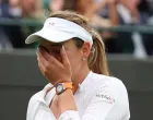 Croatia's Donna Vekic cries after her victory in her Women's Quarter-Final match against New Zealand's Lulu Sun at the 2024 Wimbledon Championships in London on Tuesday, July 09, 2024. Photo by Hugo Philpott/UPI Photo via Newscom Photo: Hugo Philpott/NEWSCOM