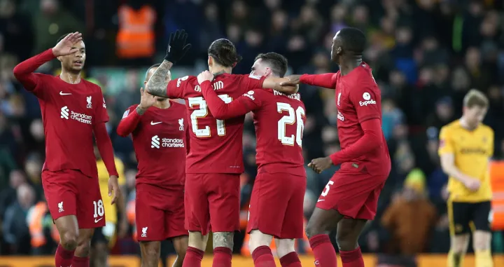 epa10394725 Darwin Nunez of Liverpool celebrates scoring the 1-1 goal during the 3rd round FA Cup soccer match between Liverpool and Wolverhampton Wanderers at Anfield in Liverpool, Britain, 07 January 2023. EPA/ADAM VAUGHAN