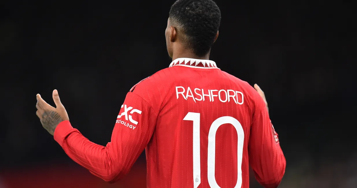 epa10393016 Manchester United's Marcus Rashford reacts before the start of the FA Cup third round match between Manchester United and Everton in Manchester, Britain, 06 January 2023. EPA/Peter Powell EDITORIAL USE ONLY. No use with unauthorized audio, video, data, fixture lists, club/league logos or 'live' services. Online in-match use limited to 120 images, no video emulation. No use in betting, games or single club/league/player publications