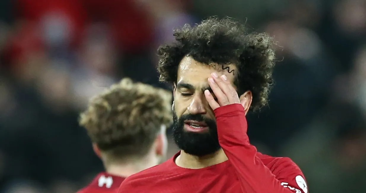 epa10383014 Mohamed Salah of Liverpool reacts during the English Premier League soccer match between Liverpool FC and Leicester City in Liverpool, Britain, 30 December 2022. EPA/Adam Vaughan EDITORIAL USE ONLY. No use with unauthorized audio, video, data, fixture lists, club/league logos or 'live' services. Online in-match use limited to 120 images, no video emulation. No use in betting, games or single club/league/player publications