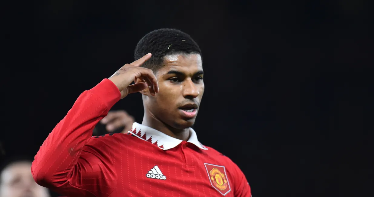 epa10393227 Manchester United's Marcus Rashford reacts after scoring for 3-1 against Everton during the FA Cup third round match between Manchester United and Everton in Manchester, Britain, 06 January 2023. EPA/Peter Powell EDITORIAL USE ONLY. No use with unauthorized audio, video, data, fixture lists, club/league logos or 'live' services. Online in-match use limited to 120 images, no video emulation. No use in betting, games or single club/league/player publications