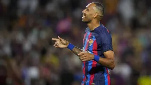 epa10110576 FC Barcelona's striker Pierre Emerick Aubameyang celebrates after scoring the 5-0 during the Joan Gamper trophy soccer match between FC Barcelona and Pumas UNAM at Camp Nou stadium in Barcelona, Catalonia, Spain, 07 August 2022. EPA/Alejandro Garcia