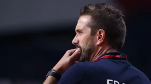 epa09403808 France head-coach Guillaume Gille reacts during the Men's Gold medal match between France and Denmark at the Handball events of the Tokyo 2020 Olympic Games at the Yoyogi National Gymnasium arena in Tokyo, Japan, 07 August 2021. EPA/TATYANA ZENKOVICH