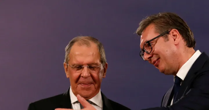 epa09517267 Serbian President Aleksandar Vucic (R) and Russian Foreign Minister Sergei Lavrov (L) leave after their press conference in Belgrade, Serbia, 10 October 2021. Foreign Minister Lavrov is on an official visit to Serbia. EPA/ANDREJ CUKIC/Andrej Cukic