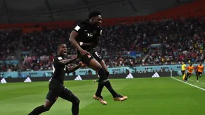 epa10332776 Alphonso Davies of Canada celebrates scoring the 0-1 goal during the FIFA World Cup 2022 group F soccer match between Croatia and Canada at Khalifa International Stadium in Doha, Qatar, 27 November 2022. EPA/Noushad Thekkayil