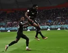 epa10332776 Alphonso Davies of Canada celebrates scoring the 0-1 goal during the FIFA World Cup 2022 group F soccer match between Croatia and Canada at Khalifa International Stadium in Doha, Qatar, 27 November 2022. EPA/Noushad Thekkayil