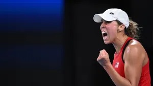 epa10388106 Madison Keys of the USA celebrates during her match against Katie Swan of Britain during the 2023 United Cup City Final tennis match between Britain and the USA at Ken Rosewall Arena in Sydney, Australia, 04 January 2023. EPA/DEAN LEWINS EDITORIAL USE ONLY AUSTRALIA AND NEW ZEALAND OUT