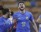 epa08956107 Brazil's Haniel Langaro (R) and Fabio Chiuffa (L) react during the Main Round match between Hungary and Brazil at the 27th Men's Handball World Championship in Cairo, Egypt, 21 January 2021. EPA/Petr David Josek/POOL