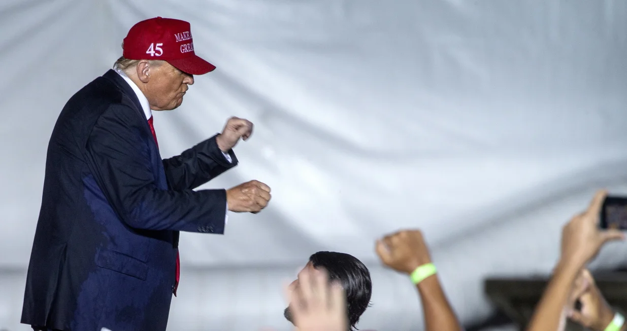 epa10291750 Former US President Donald Trump dances after giving a speech at a rally in support of Florida Senator Marco Rubio (not pictured) in the midterm elections, in Miami, Florida, USA, 06 November 2022. The US midterm elections are held every four years at the midpoint of each presidential term and this year include elections for all 435 seats in the House of Representatives, 35 of the 100 seats in the Senate and 36 of the 50 state governors as well as numerous other local seats and ballot issues. EPA/CRISTOBAL HERRERA-ULASHKEVICH/Cristobal Herrera-ulashkevich