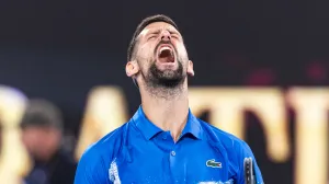 Jan 17, 2025; Melbourne, Victoria, Australia; Novak Djokovic of Serbia celebrates during his match against Tomas Machac of Czech Republic in the third round of the men's singles at the 2025 Australian Open at Melbourne Park. Mandatory Credit: Mike Frey-Imagn Images/Sipa USA Photo: Imagn Images/SIPA USA