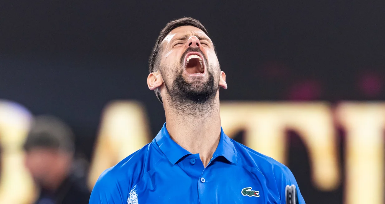 Jan 17, 2025; Melbourne, Victoria, Australia; Novak Djokovic of Serbia celebrates during his match against Tomas Machac of Czech Republic in the third round of the men's singles at the 2025 Australian Open at Melbourne Park. Mandatory Credit: Mike Frey-Imagn Images/Sipa USA Photo: Imagn Images/SIPA USA