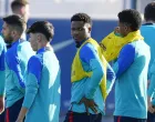 epa10377079 FC Barcelona's players Ansu Fati (C) attends a team's training session at the club's sport complex in Sant Joan Despi, in Barcelona, Spain, 23 December 2022. The team prepares its upcoming LaLiga match against Espanyol on 31 December 2022. EPA/Enric Fontcuberta