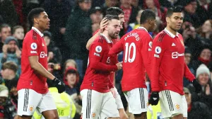 epa10387796 Luke Shaw of Manchester United celebrates scoring the 2-0 goal during the English Premier League soccer match between Manchester United and AFC Bournemouth, in Manchester, Britain, 03 January 2023. EPA/ADAM VAUGHAN EDITORIAL USE ONLY. No use with unauthorized audio, video, data, fixture lists, club/league logos or 'live' services. Online in-match use limited to 120 images, no video emulation. No use in betting, games or single club/league/player publications.