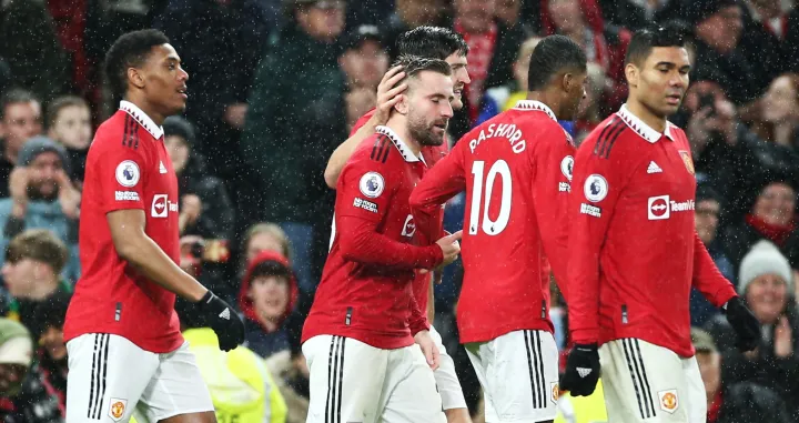 epa10387796 Luke Shaw of Manchester United celebrates scoring the 2-0 goal during the English Premier League soccer match between Manchester United and AFC Bournemouth, in Manchester, Britain, 03 January 2023. EPA/ADAM VAUGHAN EDITORIAL USE ONLY. No use with unauthorized audio, video, data, fixture lists, club/league logos or 'live' services. Online in-match use limited to 120 images, no video emulation. No use in betting, games or single club/league/player publications.
