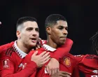 epa10393233 Manchester United's Marcus Rashford (C-R), assisted by teammates, reacts after scoring for 3-1 against Everton during the FA Cup third round match between Manchester United and Everton in Manchester, Britain, 06 January 2023. EPA/Peter Powell EDITORIAL USE ONLY. No use with unauthorized audio, video, data, fixture lists, club/league logos or 'live' services. Online in-match use limited to 120 images, no video emulation. No use in betting, games or single club/league/player publications