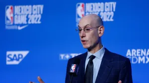 epa10370972 NBA commissioner Adam Silver speaks during a press conference prior to the NBA basketball game between the Miami Heat and the San Antonio Spurs, in Mexico City, Mexico, 17 December 2022. Silver asserted that the league is considering Mexico very seriously for a team in a future expansion. EPA/Isaac Esquivel SHUTTERSTOCK OUT