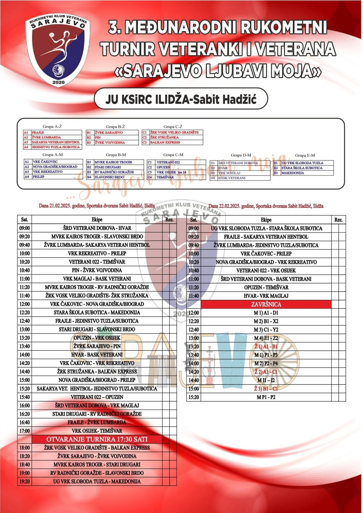 Raspored turnira "Sarajevo ljubavi moja 2025"