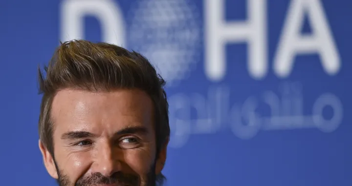 epa09852826 David Beckham, UNICEF Ambassador and Former Professional Footballer speaks during the Plenary Session of the final day of Doha Forum at the Sheraton Grand Doha Resort & Convention Hotel in Doha, Qatar, 27 March 2022. EPA/NOUSHAD THEKKAYIL