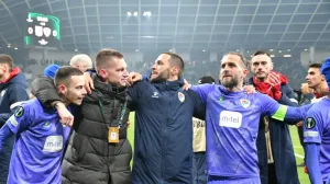 Slavlje fudbalera Borca nakon prolaska protiv Olimpije (FOTO: Vladimir Šutvić, Borac Sport)