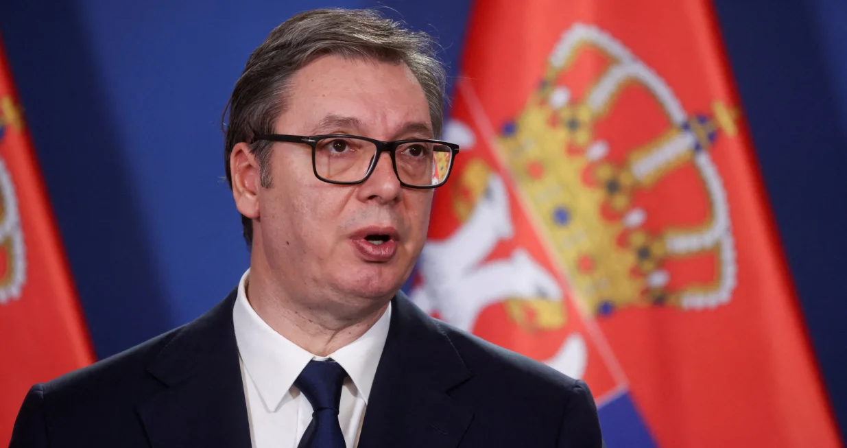 FILE PHOTO: Serbian President Aleksandar Vucic gives a statement next to Hungarian Prime Minister Viktor Orban (not pictured) after the countries' bilateral committee for strategic cooperation meeting in Budapest, Hungary, November 14, 2024. REUTERS/Bernadett Szabo/File Photo/Bernadett Szabo