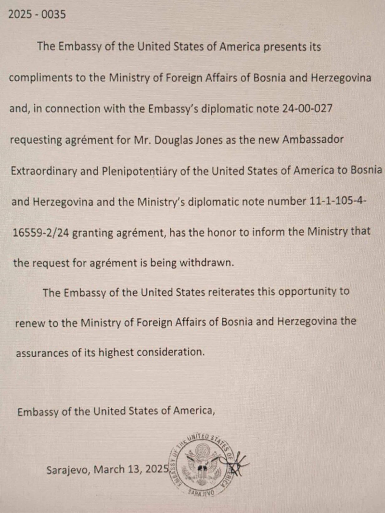Dopis koji je Ambasada SAD u BiH uputila Ministarstvu vanjskih poslova BiH/