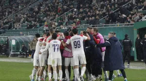 Fussball UEFA Conference League 2024/2025, Achtelfinale - SK Rapid Wien vs. FK Borac Banja Luka - Allianz Stadion/Weststadion Wien, ?sterreich: Jubel zum 0:1 f?r FK Borac Banja Luka *** Football UEFA Conference League 2024 2025, round of 16 SK Rapid Vienna vs FK Borac Banja Luka Allianz Stadium Weststadion Vienna, Austria Cheers to 0 1 for FK Borac Banja Luka Copyright: xLukasxBierederx Photo: IMAGO/Lukas Biereder/IMAGOSPORT