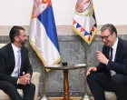 Beograd, Srbija - 11. mart 2025:Predsjednik Srbije Aleksandar Vučić primio je danas u Beogradu sin američkog predsjednika Donalda Trumpa. Vučić i Donald Trump Jr. su razgovarali o zajedničkim projektima i nizu bilateralnih tema. (Aleksandar Vučić/DM - Anadolu Agency)/