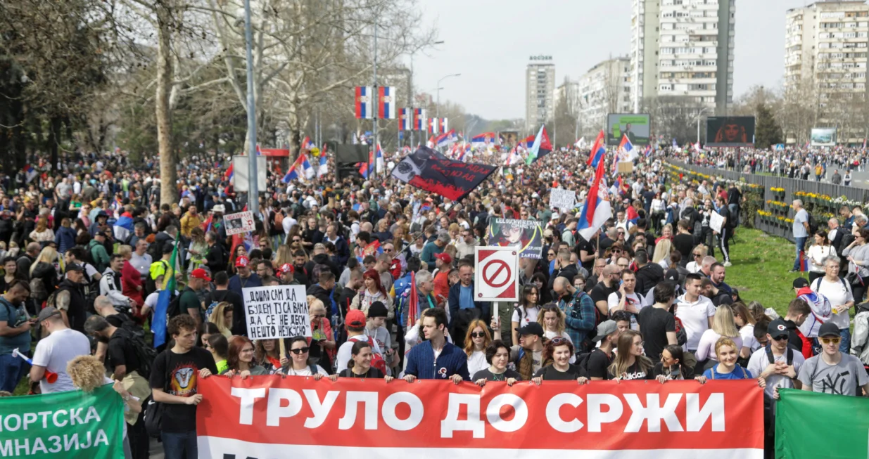 Students and anti-government demonstrators gather before the start of a protest, which has become a national movement for change following the deadly November 2024 Novi Sad railway station roof collapse, in Belgrade, Serbia, March 15, 2025. REUTERS/Igor Pavicevic/Igor Pavicevic