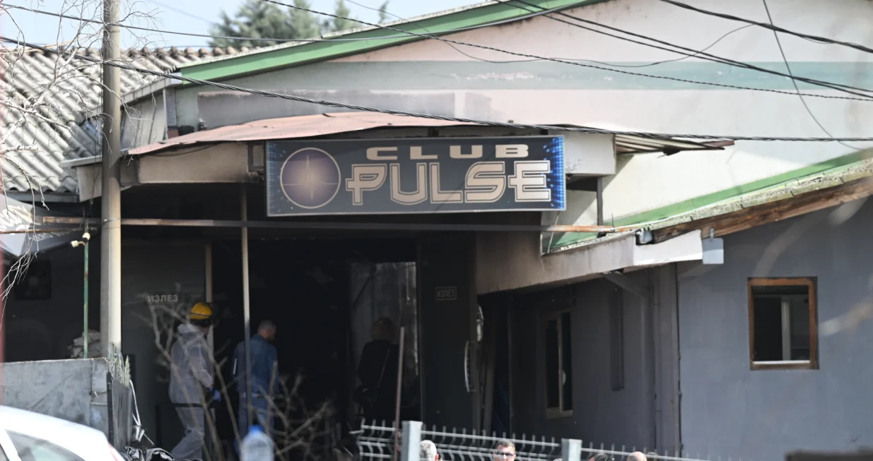 (250316) -- KOCANI, March 16, 2025 (Xinhua) -- This photo taken on March 16, 2025 shows the site of a fire at a nightclub in Kocani, North Macedonia. At least 59 people have died, and over 100 others have been hospitalized after a devastating fire broke out on Sunday at a nightclub in Kocani, North Macedonia, local media reported. Authorities believe the blaze was sparked by pyrotechnic effects that ignited the venue's flammable ceiling material, causing the flames and thick smoke to spread rapidly. Video footage circulating online shows the ceiling engulfed in fire as people scramble to escape. (Photo by Tomislav Georgiev/Xinhua) Photo: TOMISLAV GEORGIEV/XINHUA