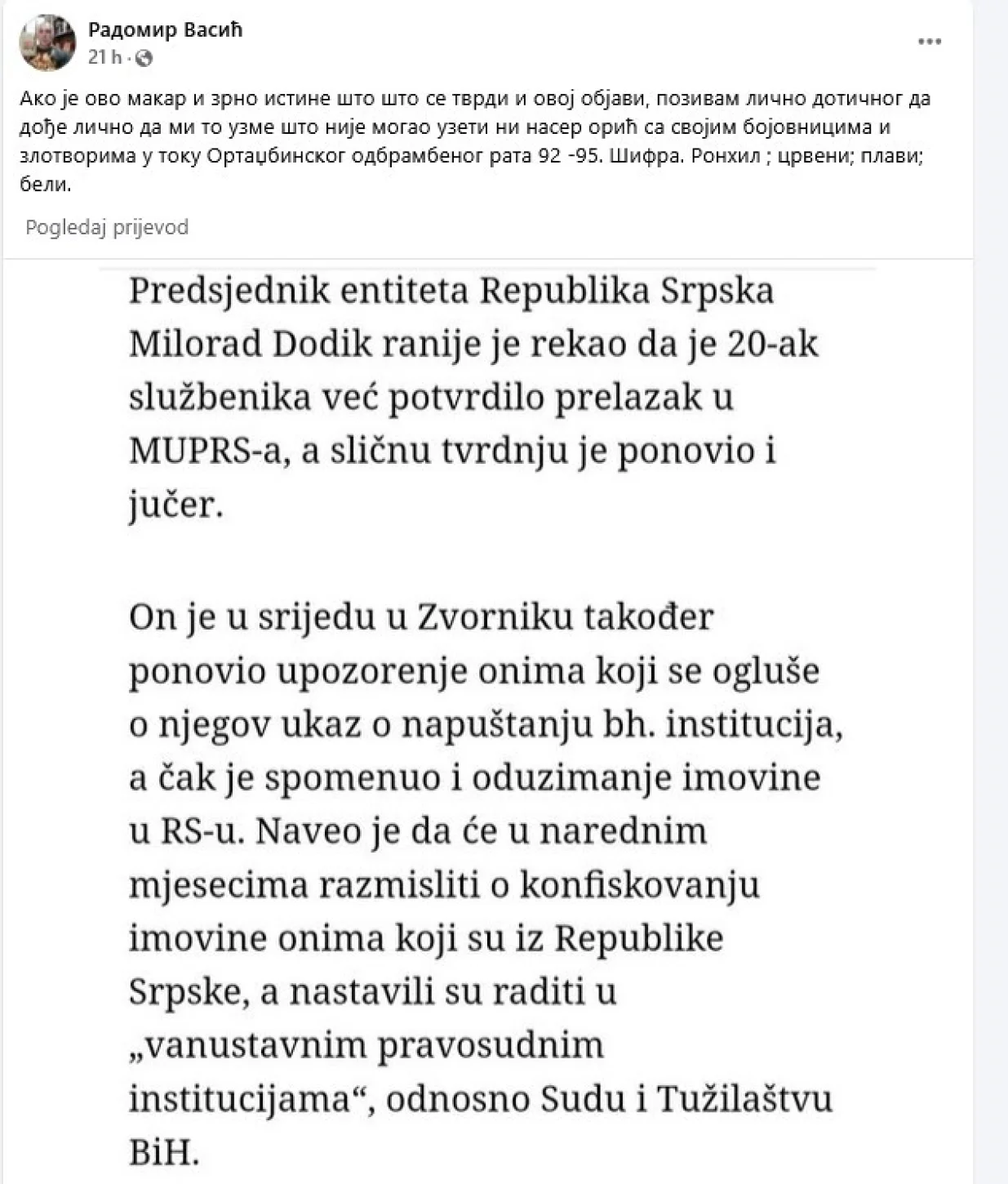 Post Radomira Vasića/Facebook// Facebook 