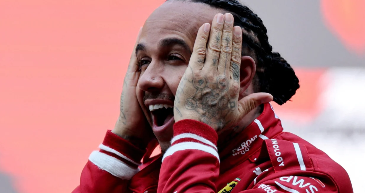 Formula One F1 - Chinese Grand Prix - Shanghai International Circuit, Shanghai, China - March 22, 2025 Ferrari's Lewis Hamilton celebrates after winning the sprint REUTERS/Tyrone Siu  TPX IMAGES OF THE DAY