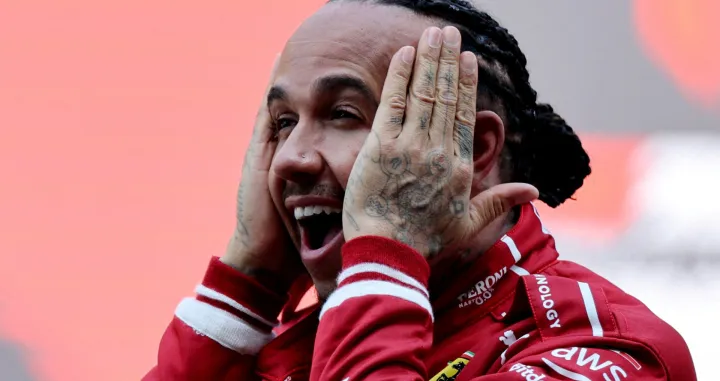 Formula One F1 - Chinese Grand Prix - Shanghai International Circuit, Shanghai, China - March 22, 2025 Ferrari's Lewis Hamilton celebrates after winning the sprint REUTERS/Tyrone Siu  TPX IMAGES OF THE DAY