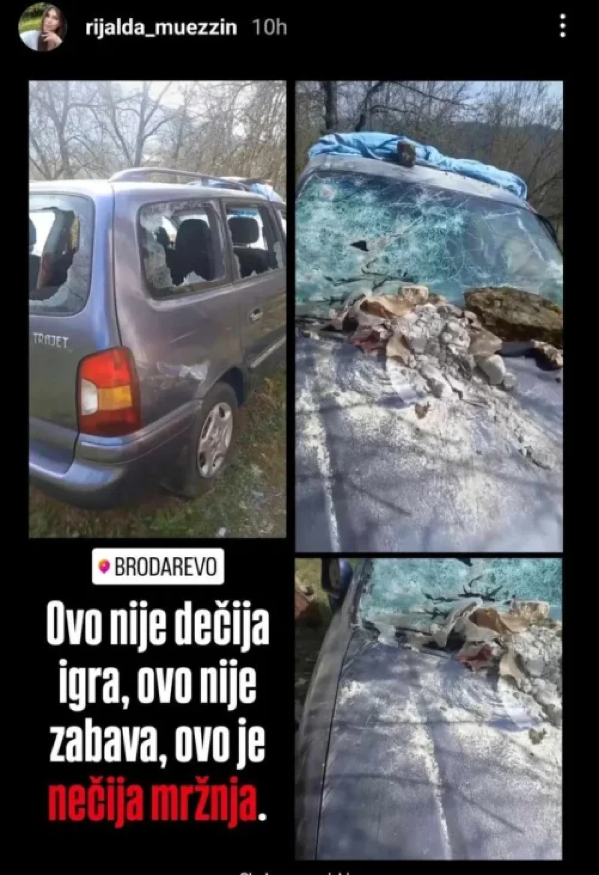 novinarki Rijaldi Mujezinović kojoj su, kako je navedeno, vandali razlupali automobil u porodičnoj kući u Brodarevu, nedaleko od Prijepolja/Screenshot