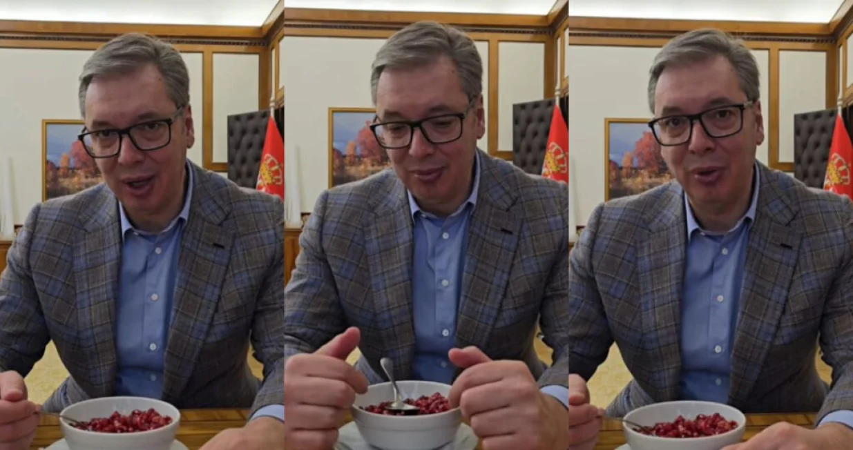 Aleksandar Vučić, predsjednik Srbije, jede nar, želi biti mlađi i ljepši/Prtsc