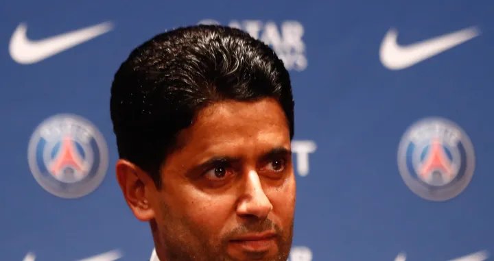 epa10053553 Paris Saint-Germain's president Nasser Al-Khelaifi attends the presentation of new Paris St Germain coach Christophe Galtier (not pictured) during a press conference at the Parc des Princes stadium in Paris, France, 05 July 2022. EPA/Mohammed Badra