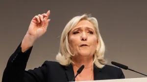 epa10287615 Marine Le Pen, ex-president of France's far right Rassemblement National (RN) party, addresses the 18th RN party Congress in Paris, France, 05 November 2022. The congress chose Eurodeputy Jordan Bardella as new party leader. EPA/TERESA SUAREZ/Teresa Suarez