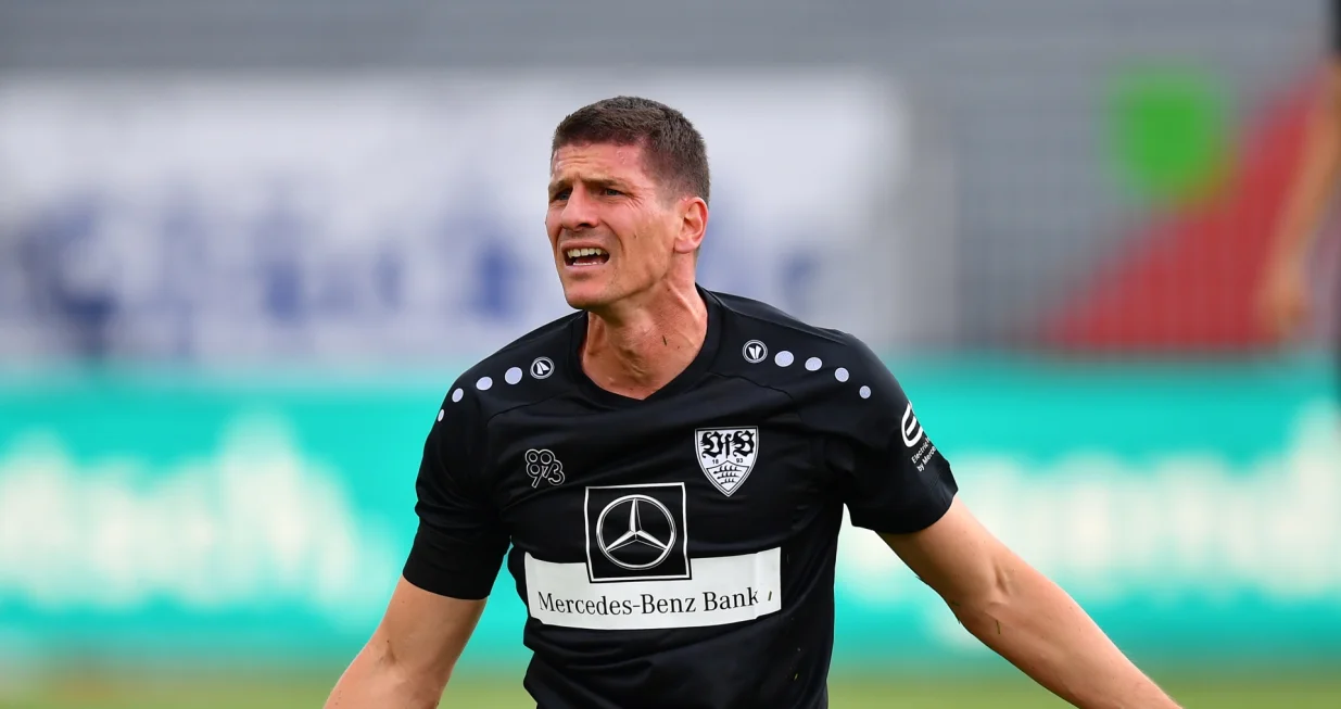 epa08441766 Mario Gomez of Stuttgart reacts during the Second Bundesliga match between Holstein Kiel and VfB Stuttgart at Holstein-Stadion in Kiel, Germany, 24 May 2020. EPA/STUART FRANKLIN/POOL DFL regulations prohibit any use of photographs as image sequences and/or quasi-video.