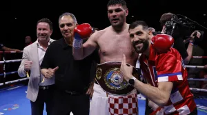 Filip Hrgovic (right) celebrates after beating against Joe Joyce (not pictured) at the Co-op Live arena, Manchester. Picture date: Saturday April 5, 2025. Photo: Richard Sellers/PRESS ASSOCIATION
