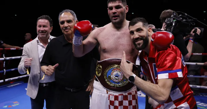 Filip Hrgovic (right) celebrates after beating against Joe Joyce (not pictured) at the Co-op Live arena, Manchester. Picture date: Saturday April 5, 2025. Photo: Richard Sellers/PRESS ASSOCIATION