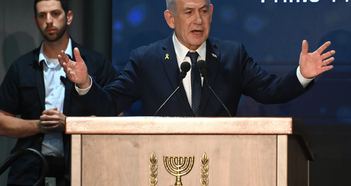 Israeli Prime Minister Benjamin Netanyahu gives a keynote address at an International Conference on Combating Antisemitism in Jerusalem, on Thursday, March 27, 2025. Photo by Debbie Hill/ UPI Photo via Newscom Photo: DEBBIE HILL/NEWSCOM/Debbie Hill/newscom