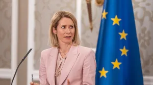 PODGORICA, Crna Gora - 07. april 2025.: Visoka predstavnica Evropske unije za vanjske poslove i sigurnosnu politiku i potpredsjednica Evropske komisije Kaja Kallas (na fotografiji) i premijer Crne Gore Milojko Spajić tokom zajedničke konferencije za novinare u Podgorici nakon održanog sastanku u okviru posjete visoke predstavnice EU Crnoj Gori/Rusmin Radić